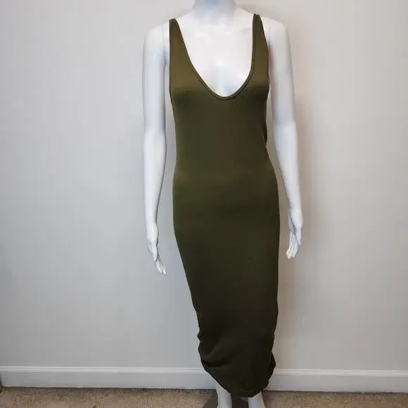 Pretty Little Thing Rib Knit Midi Dress Size XL Dark Green Snatched Bodycon - Picture 2 of 10